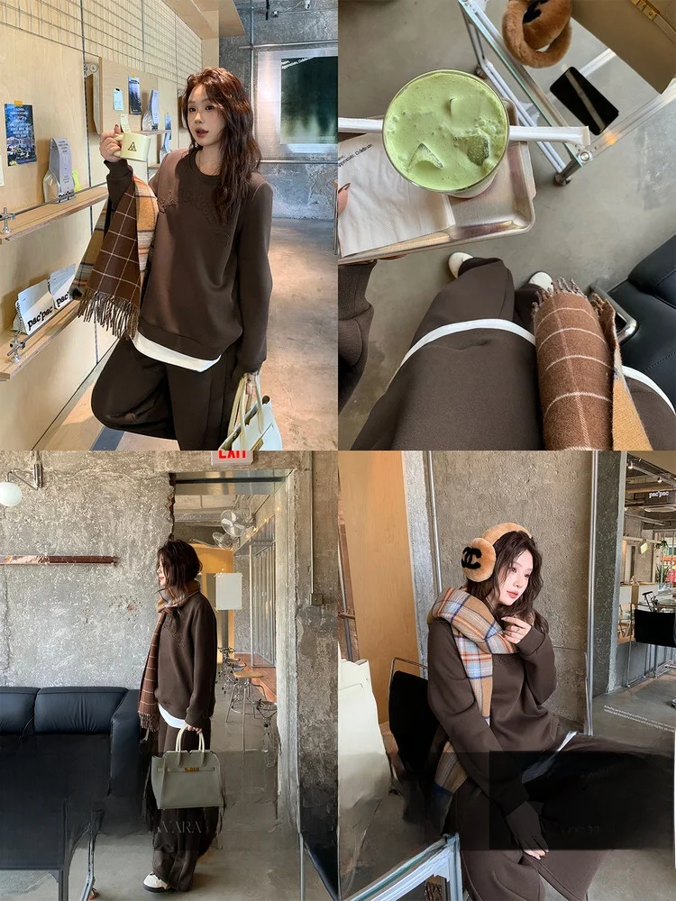 

Casual Loose round Ne Sweatirt Pants Set Women's plus Size Fake Two-Piece Comfortable Winter Faion Ensemble