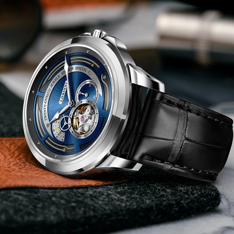 LOBINNI رجال الأعمال التلقائي ساعة اليد الميكانيكية متعددة الوظائف جوفاء دولاب الموازنة ساعة الياقوت الزجاج Waterpoor ساعة