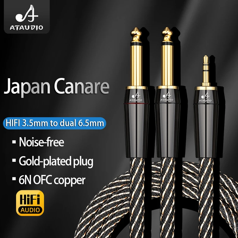 Hifi 3.5mm to Dual 6.5mm TRS Cable 4N OFC AUX Male Mono 6.5 Jack to Stereo 3.5 Jack Splitter Audio Cable for Mixer Amplifier