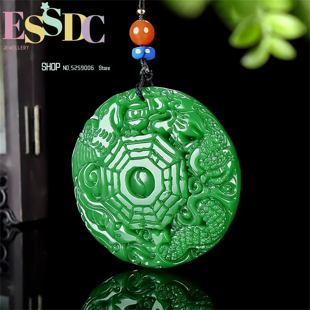 Natural Hetian Yugan Green Dragon Phoenix Auspicious Tai Chi Eight Trigrams Mirror Pendant Retro National Style Necklace