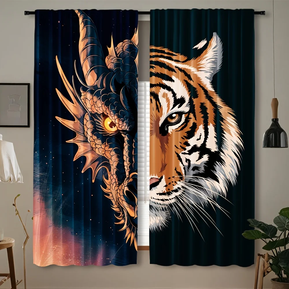 Ultra Large Cosmic Space Curtain Dragon Tiger Fantasy Animal Art Window Drapes Nebula Galaxy Room Decoration