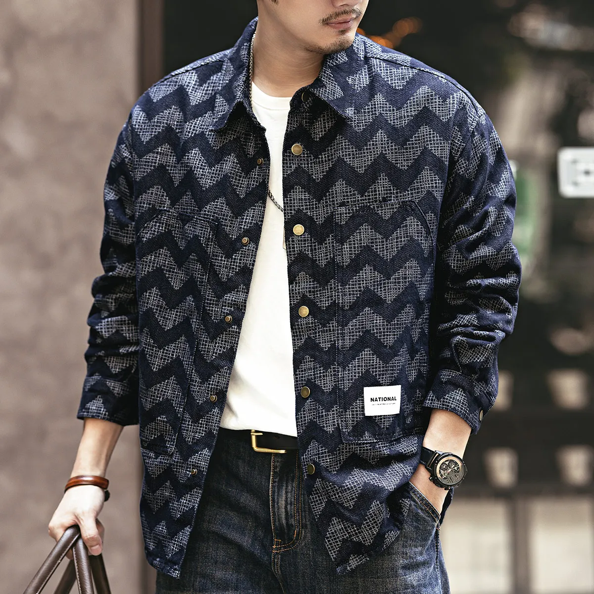 

Spring and Autumn's new trendy retro jacquard long-sleeved shirt men's loose and casual workwear denim shirt jacket