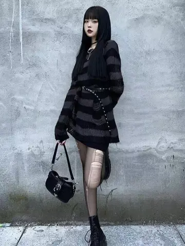 New Punk Gothic Long Unisex Sweater Summer Women Striped Cool Hollow Out Hole Broken Jumper Loose Rock Thin Dark Streetwear Top