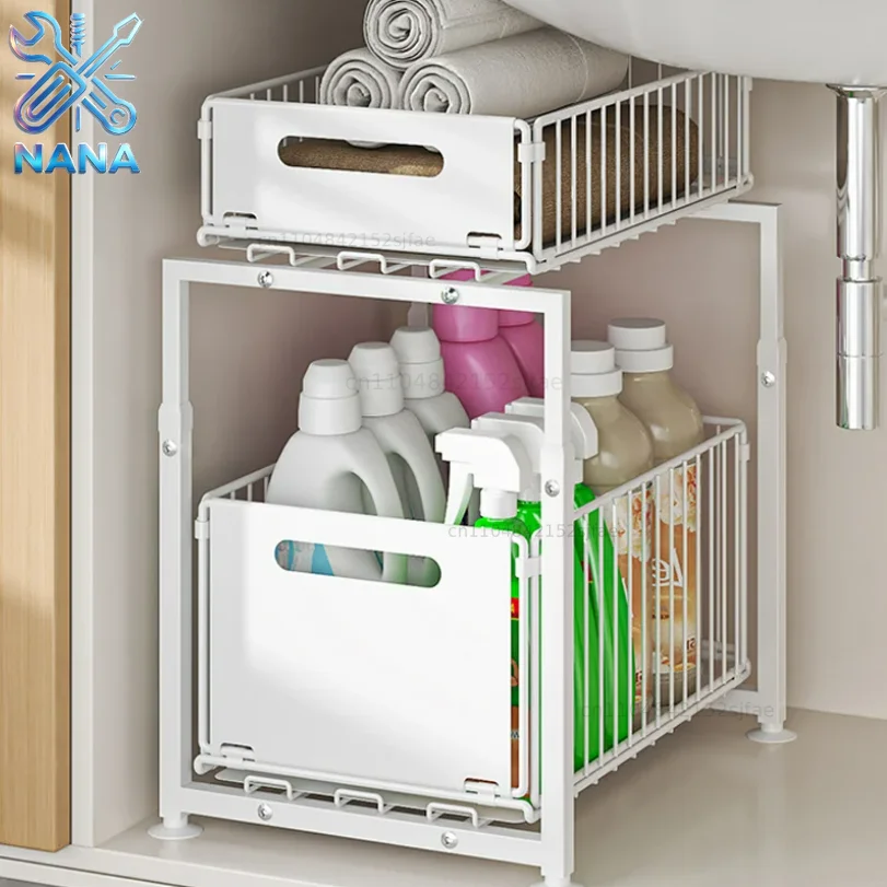 Kitchen Sink Storage Rack Pull-Out Basket Double Layer Spice Snack Bottle Can Organizer Cabinet Multi-level Shelf