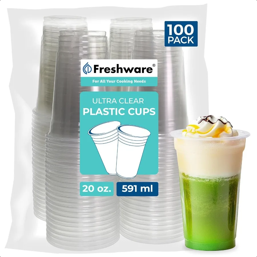 

Clear Plastic Cups [100 Pack 20 oz] Cups for Cold Drinks Smoothie Milkshake Iced Coffee