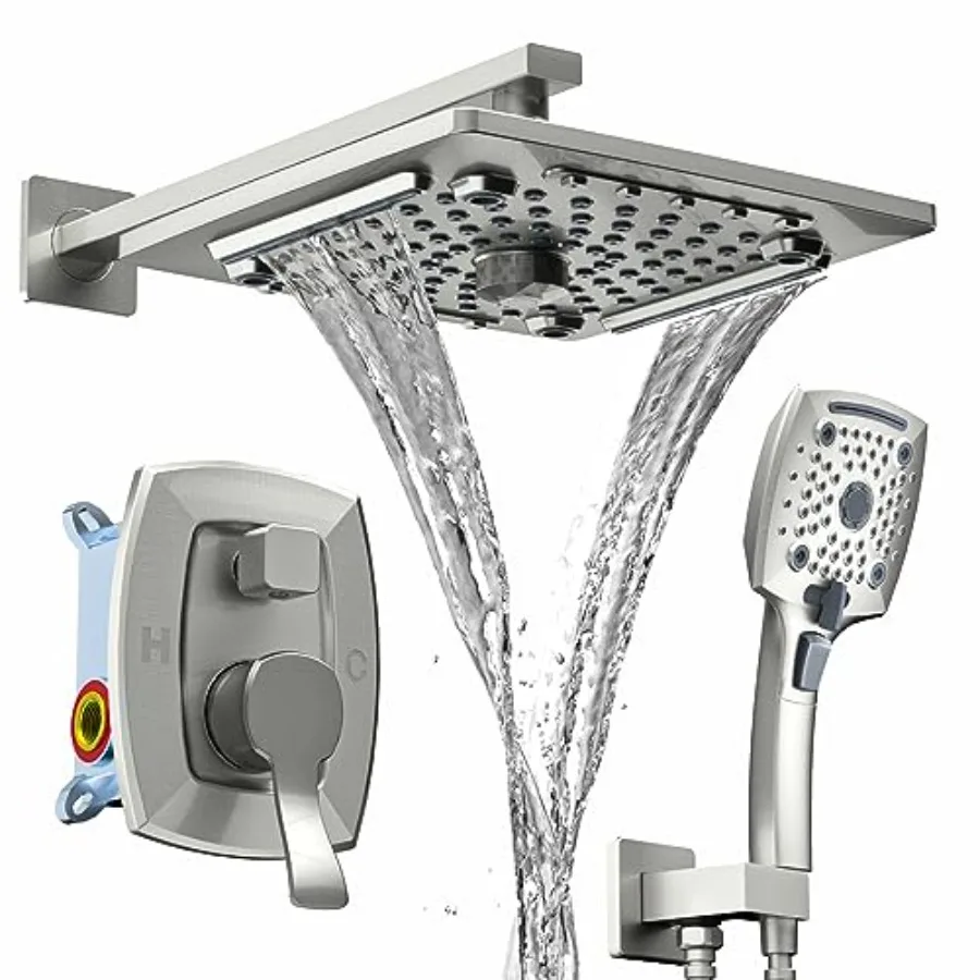 

Shower Faucet Set Mixing Valve and Trim Kit Brushed Nickel Rainfall Waterfall Shower Head with Handheld Combo