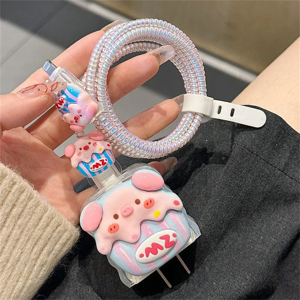 Cartoon 3D Hat Cake Pig Blue Wave Border Clear USB Protector Cover for IPhone 18W/20W Data Line Head Cord Fast Charging Case