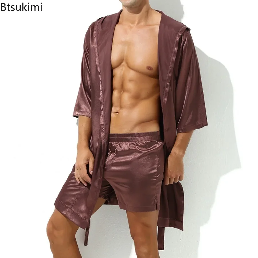 Men's Silk Satin Hooded Robes Half Sleeve Slip Causal Long Bathrobe Tracksuit Loungewear Sleepwear Bathrobe Night Gown for Men