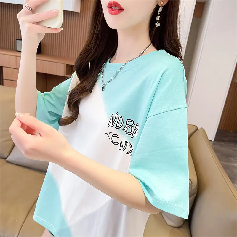 

Color Block Casual Loose Fit Half Sleeve T-Shirt For Women Summer Wear Office Style With Letter Print And Patchwork Design