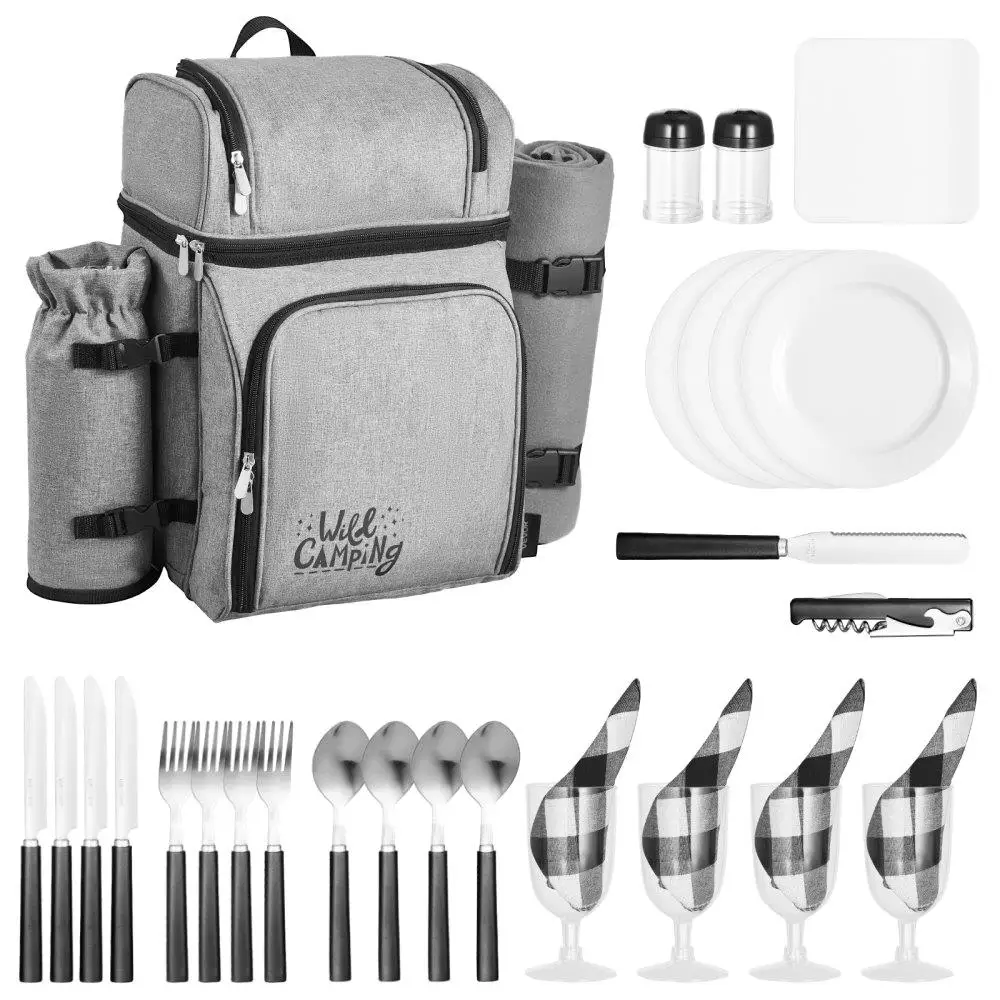 

Beach Picnic Backpack Bag for Four with Insulated Cooler Compartment Grey Portable Outdoor Meal Carrier