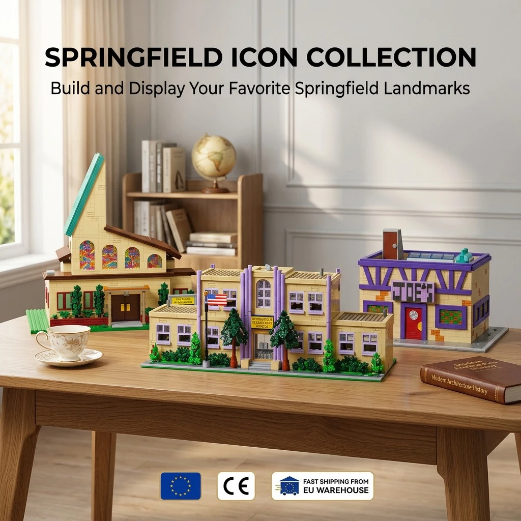 Deluxe Springfield Street Block Modular Building Blocks Set - 3-in-1 Classic Town Construction Bricks Model Kit (School, Church, Tavern), Intricate DIY Assembly with Stained Glass & Tavern Details Toys for Adults, Ideal Birthday Holiday Gift Home Decor