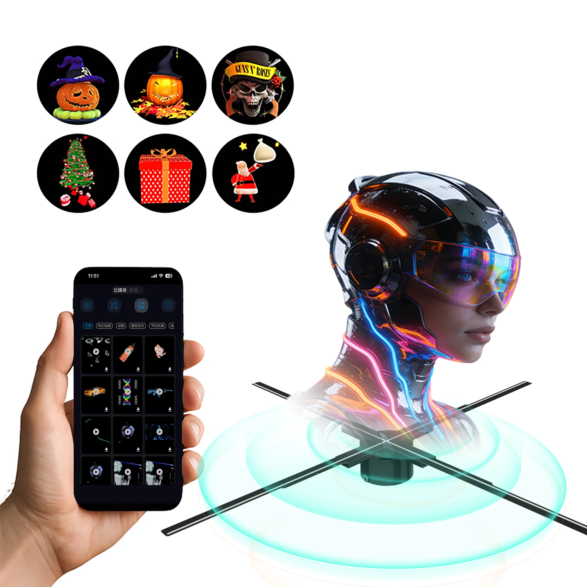 

P60 3D Hologram Fan WiFi 3D Holographic Projector Advertising Display Light HD Holographic Projector for Stores Bars Party Xmas