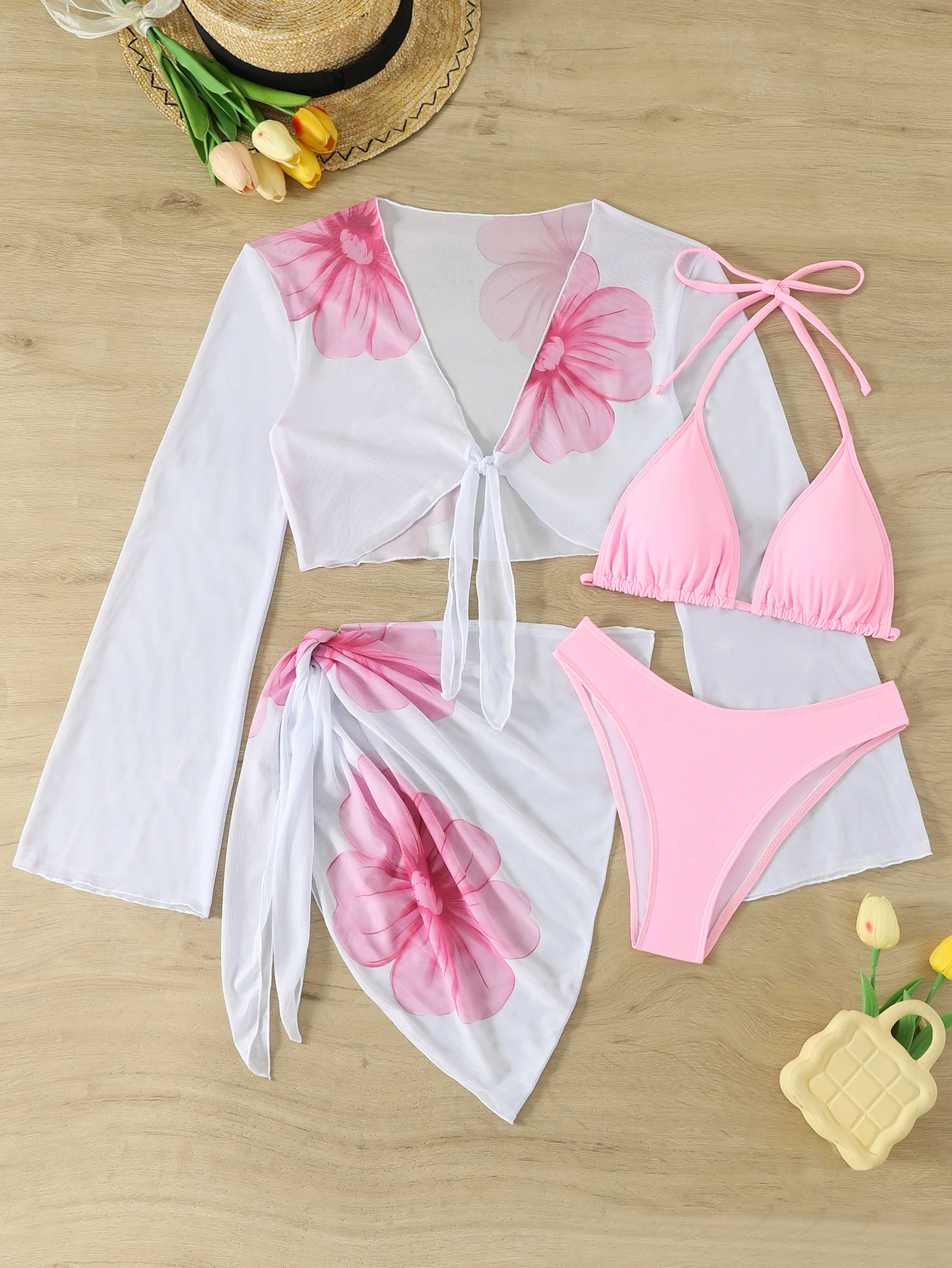 

2026 Треугольные бикини с лямкой на шее, топы и пляжная юбка, купальник, женский купальник из 4 предметов, женский купальный костюм, купальный костюм