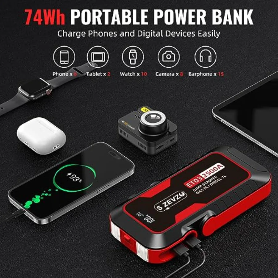 Portable 12V Car Battery Booster Pack with Smart Clamp Cables and USB Charging Port for Emergency Vehicle Jump-Starting LED Fla