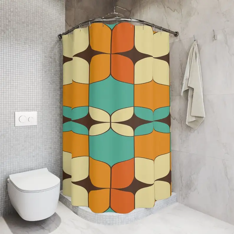 50s Mid Mod Aesthetic Retro Groovy Shower Curtain, Mid Century Modern Orange, Turquoise, Ivory MCM Bath Decor