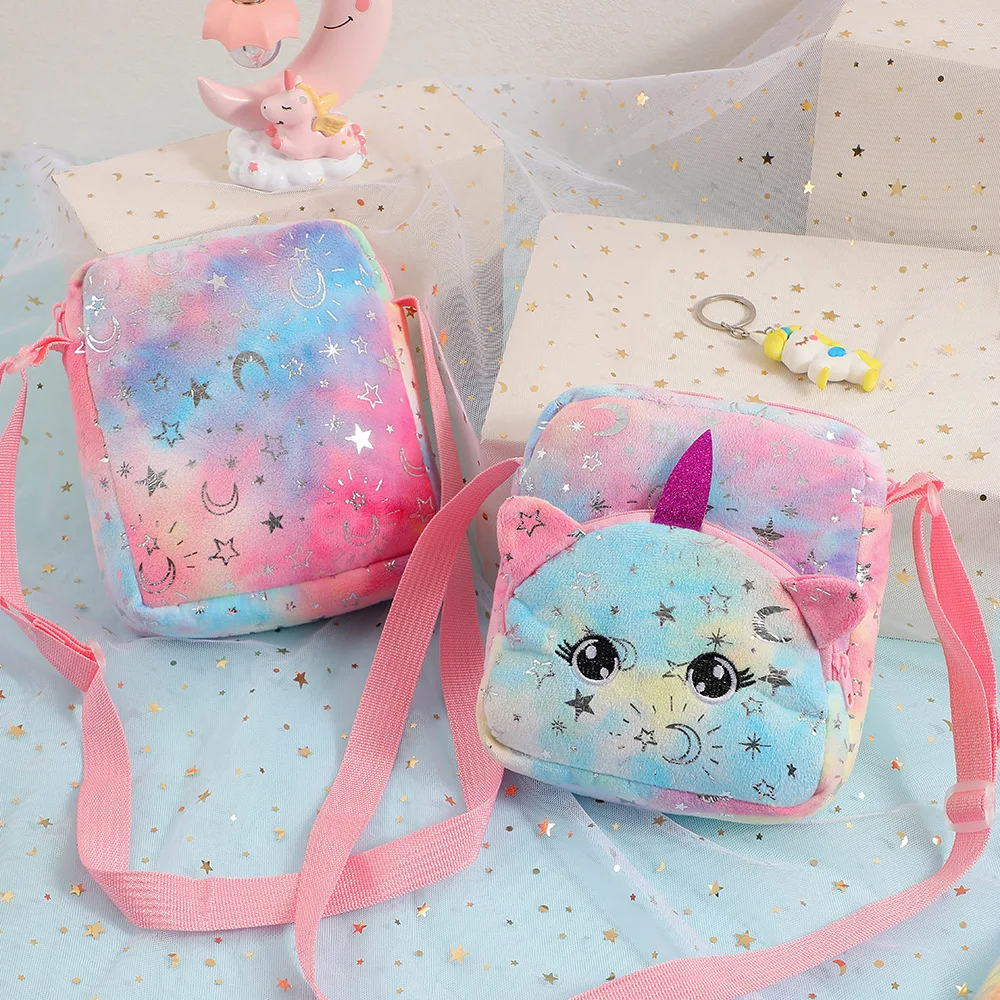 Bolso de hombro de unicornio de peluche de dibujos animados para niños, bolsa de almacenamiento de gran capacidad, bolso de hombro de muñeca Linda para niñas