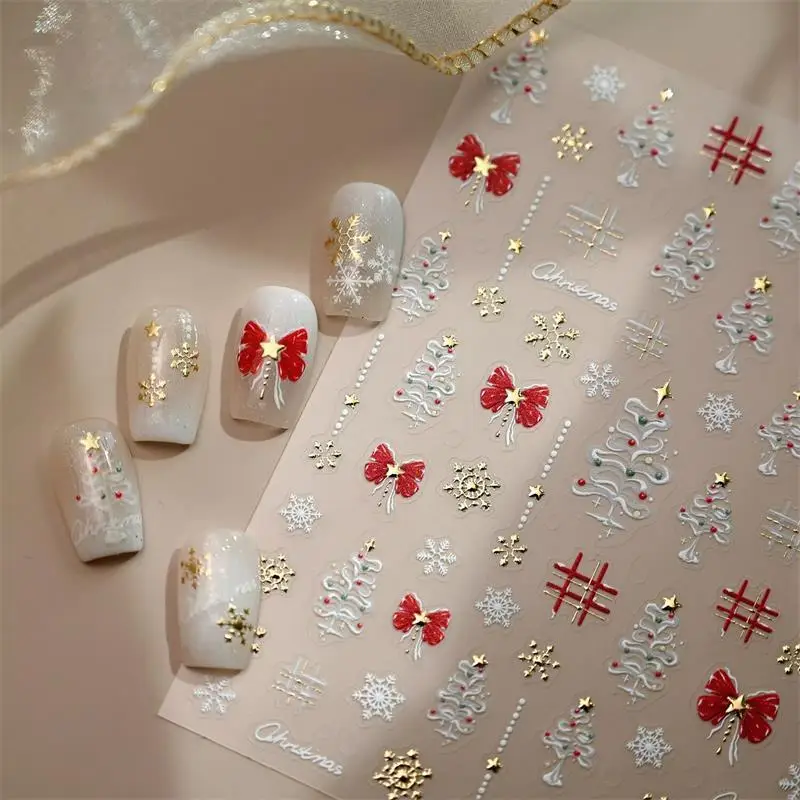 Cute Christmas Style White Christmas Tree Snowflake Nail Art Stickers Red Bow Nail Art Print Embossed Sticker Festive Nail Decor