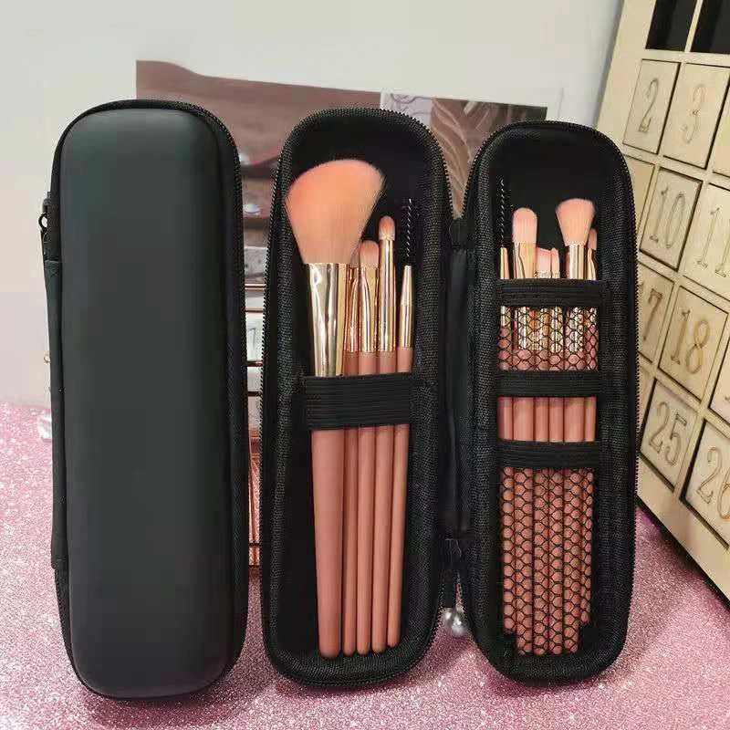 Women Makeup Brush Case Pure Black Small Cosmetic Bag Lipstick Pen Organizer Beauty Tool Storage Box Zipper Long Strip EVA Pouch