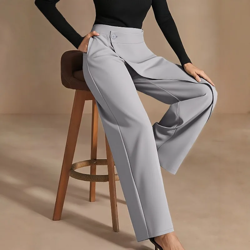 Neue Hochgeschnittene Damenhose für Herbst Büro-Mode Gerade Geschnittene Anzughose Lässige Knopfleiste Weite Asymmetrische Damenhose – Detail 5