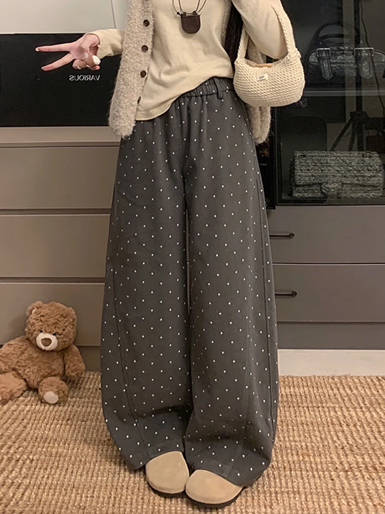 Koreańskie wełniane spodnie w grochy, damskie, z wysokim stanem, proste nogawki, luźne, szerokie nogawki, jesień-zima, nowość