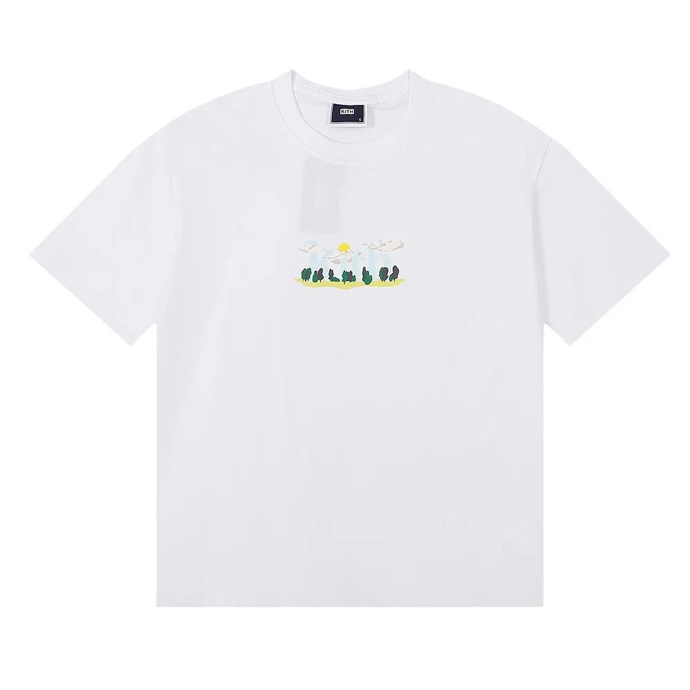 

Niche Beauty Tide Blue Sky White Cloud Interesting Forest Print Loose Casual Summer Short Sleeve Pure Cotton T-shirt Men