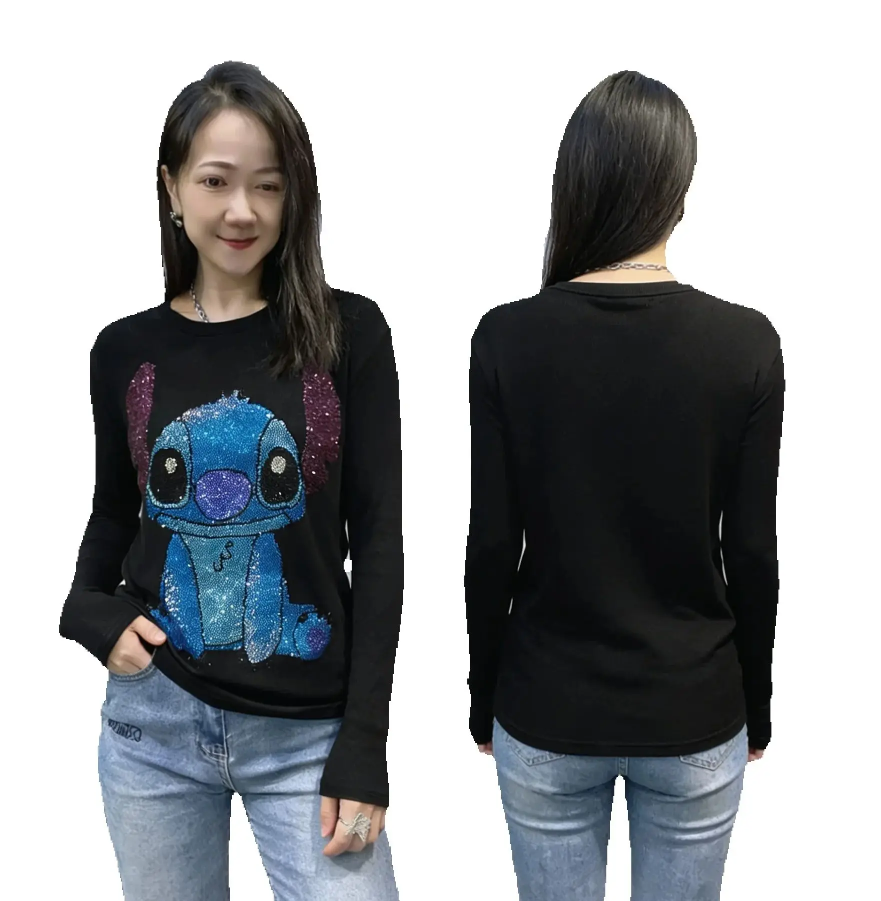 

Threaded Cotton Large Size Black Women Long Sleeve T-shirt Cartoon Hot Diamonds High Stretch Slim Basic Top Spring Autumn Tees