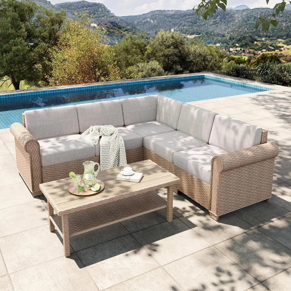 

6-Piece Outdoor Sectional Wicker Sofa Set with 44 Coffee Table and 5.5 Thick Waterproof Cushions for Patio, Deck, or Garden