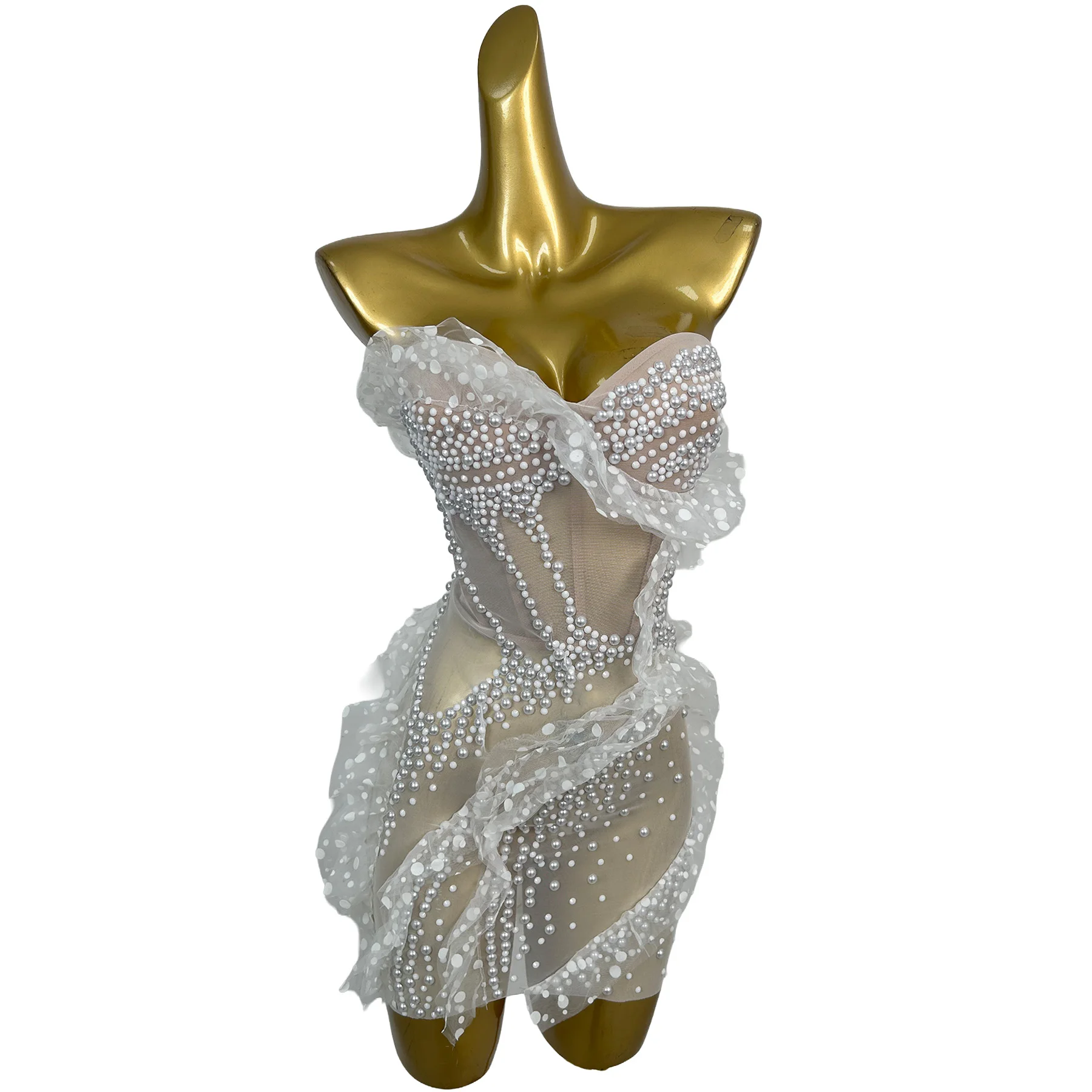 Naitang Elegant Nude Base Sheer Mesh Strapless Bodycon Dress Cover White Pearls Wavy Polka Dot Tulle Ruffle Hem Birthday Dress