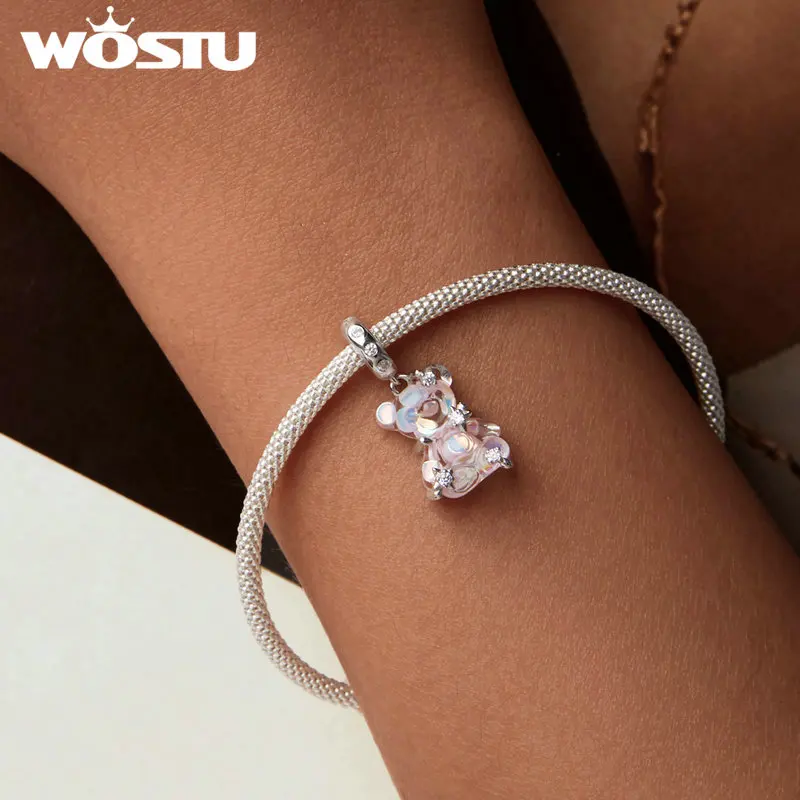 WOSTU 925 Sterling Silver Princess Pink Bear Bead Ballet Girl Charm Shoe Bow Pendant Saftey Chain Fit Bracelet Neckalce DIY Gift