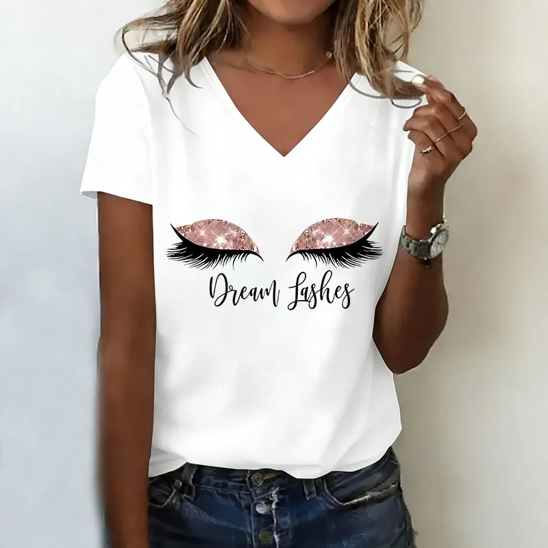 Modisches T-Shirt mit V-Ausschnitt, lässig, modisch, Y2k 90er Jahre, Wimpern, bedruckte T-Shirts, Damen, kurzärmelig, T-Shirt mit V-Ausschnitt, Sommer, Frühling