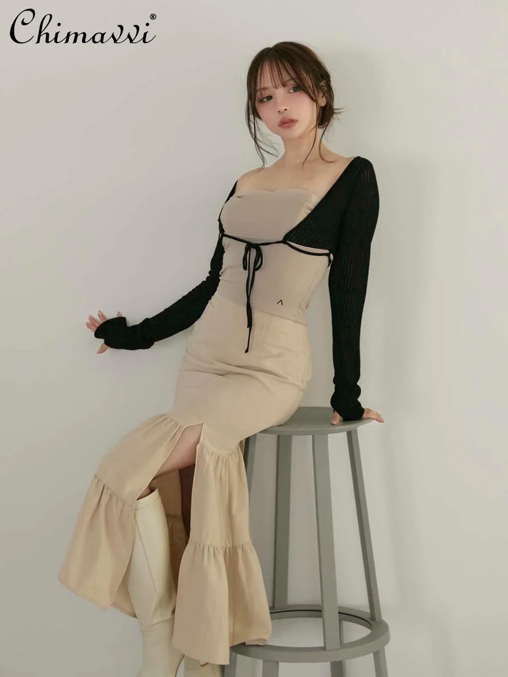 

Japanese Pure Desire Fake Two-piece Splicing Elastic Knitted Lace-up Top Autumn New Sweet Girl Long-sleeved Temperament Cardigan