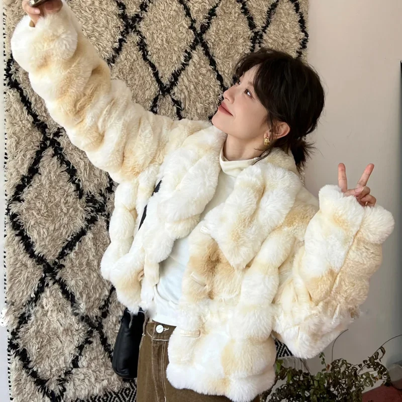 Fashion Tie-dye Gradual Change Fur Coat Women Lapel Fur Coat Winter Horn Buckle Plush Coat for Women