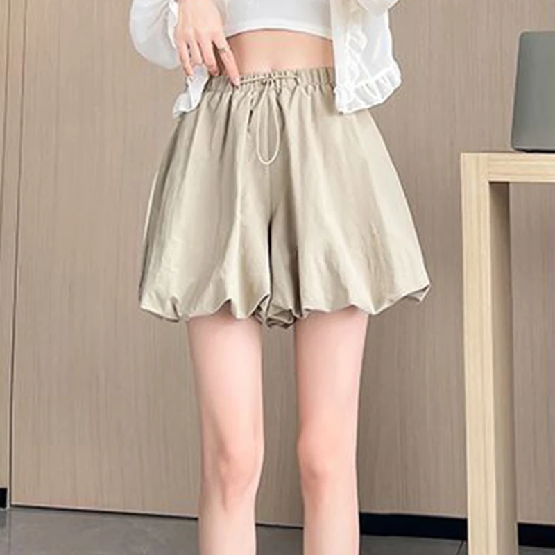 y2k women loose shorts korean chic folds drawstring thin pockets female wide leg shorts summer high waist casual ladies shorts