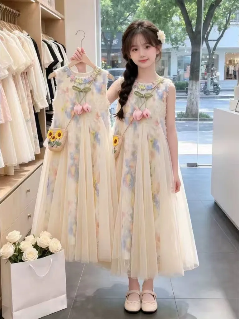 Vestido Estilo Princesa para Meninas, Novo Modelo de Verão, Sem Mangas, Decote Redondo, Estampa Floral Tulipa, Saia Princesa para Crianças