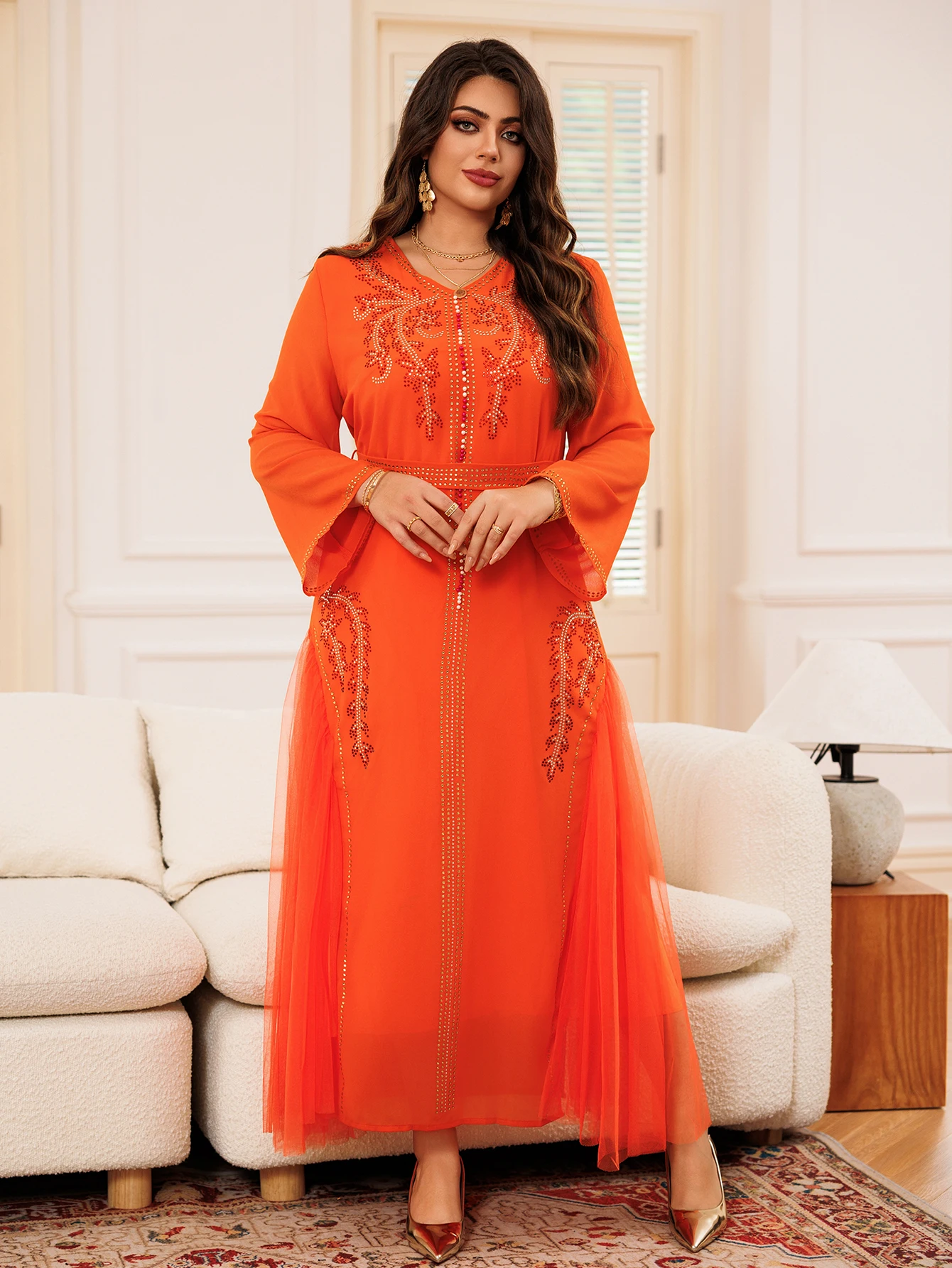 Orange Long Sleeve Women\'s Dress Rhinestone Mesh Middle East Arab Dubai Gilded Muslims Elegant Loose Abaya Dubai Luxury