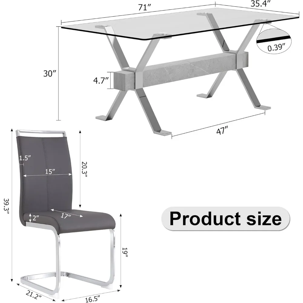 Juego de mesa de comedor de 71 "y 7 piezas, mesa de comedor de vidrio templado con 6 sillas de cuero, para cocina, juego de mesa y silla para 6