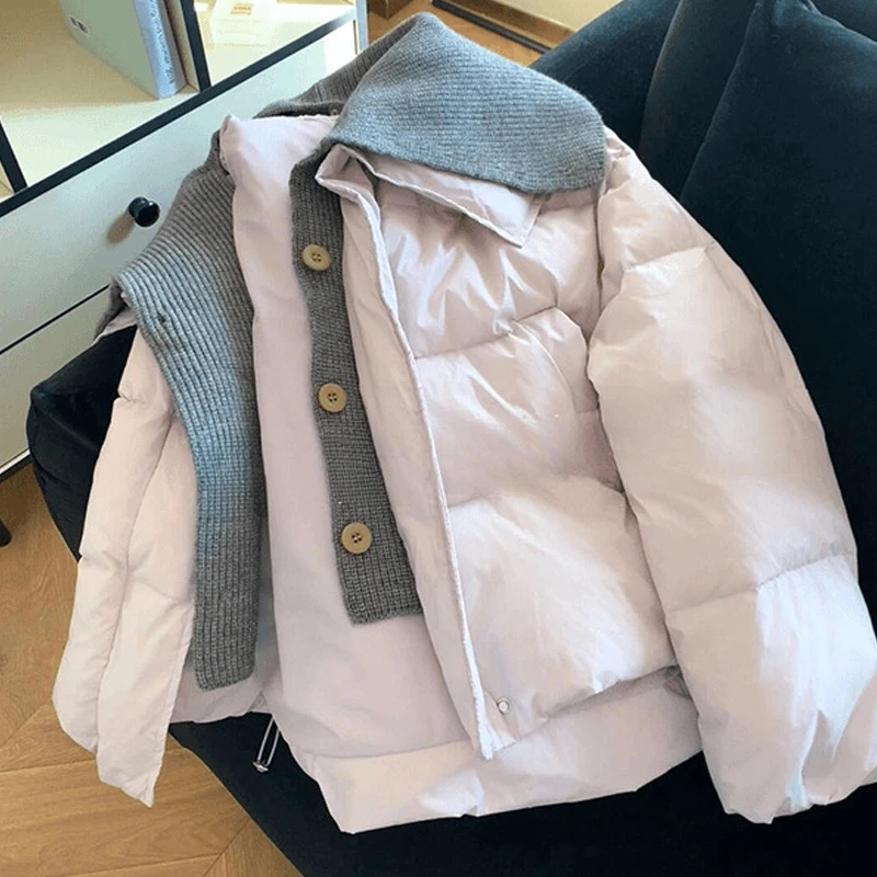 

Фиолетовое нежное темпераментное вязаное хлопковое пальто с воротником-стойкой, женское зимнее короткое теплое пальто с хлопковой подкладкой, толстая куртка