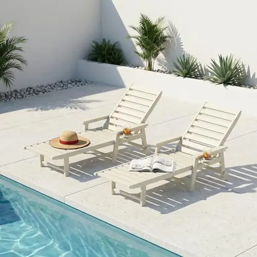5-Position Adjustable Lounge Chair Outdoor Set of 2, HDPE Outdoor Chaise Lounge with Cup Holder & Wheels, Pool Lounge