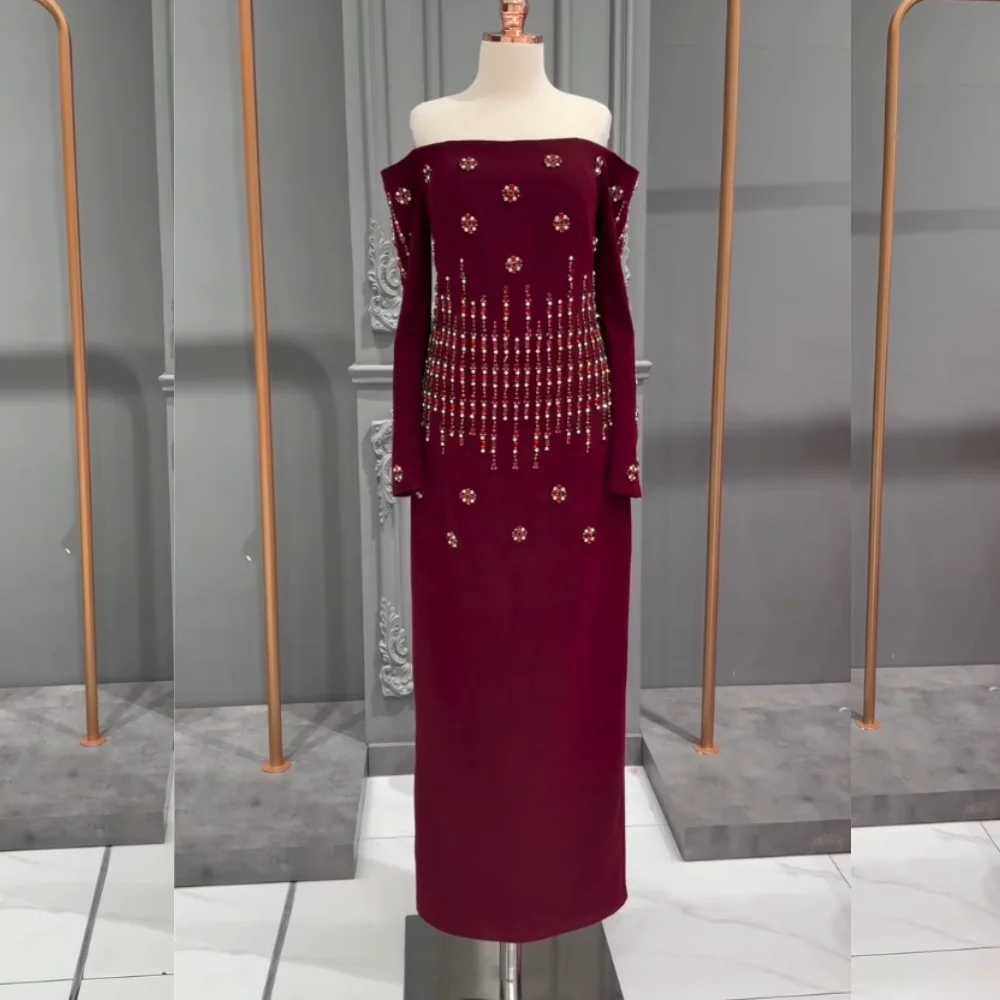 

Customized Jersey Rhinestone Sparkle Off-the-shoulder Straight Midi Dresses Bespoke Occasion Gorgeous Elegant Engagement Formal