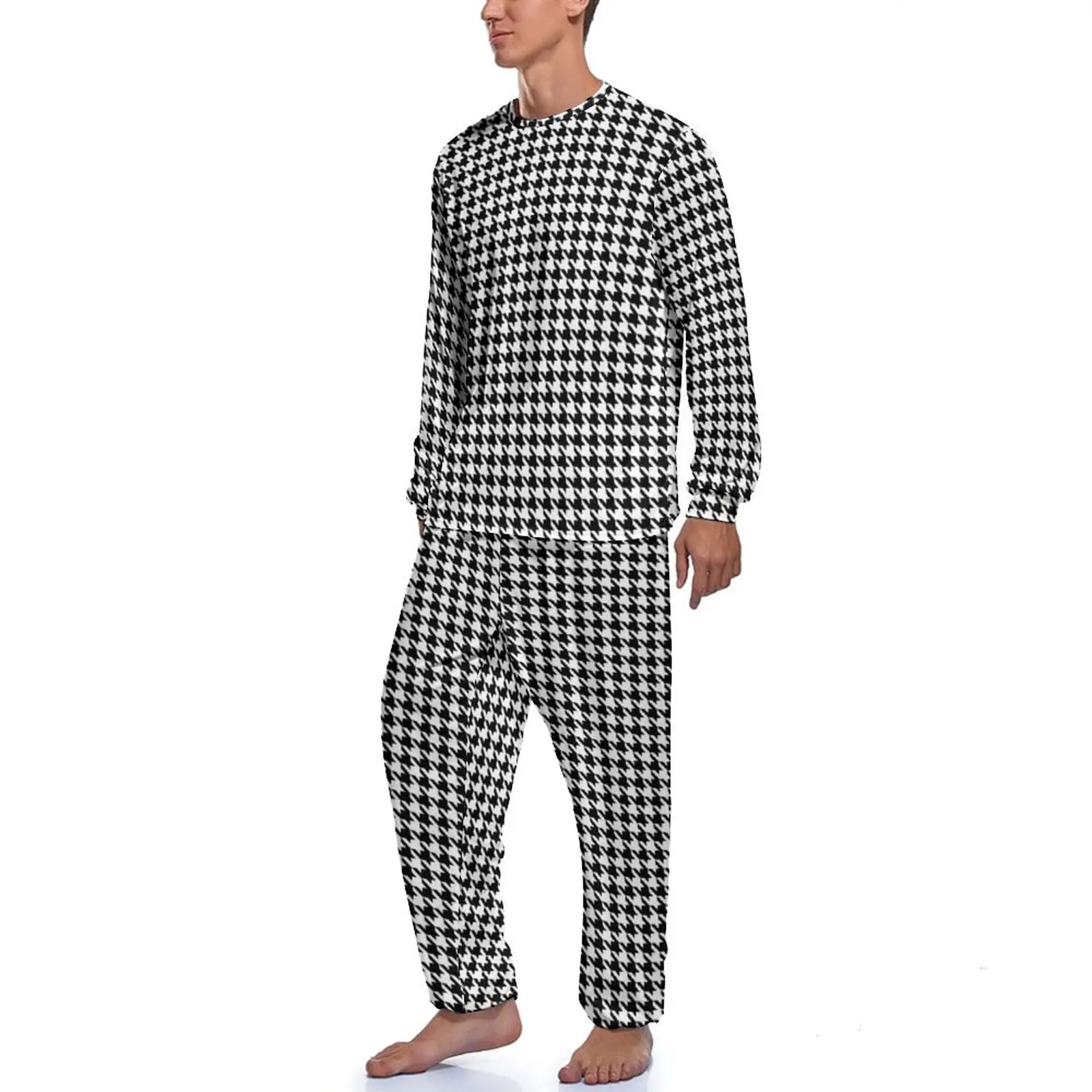 Classic Houndstooth Pajamas Long-Sleeve Black And White 2 Pieces Home Pajama Sets Daily Mens Custom Fashion Nightwear