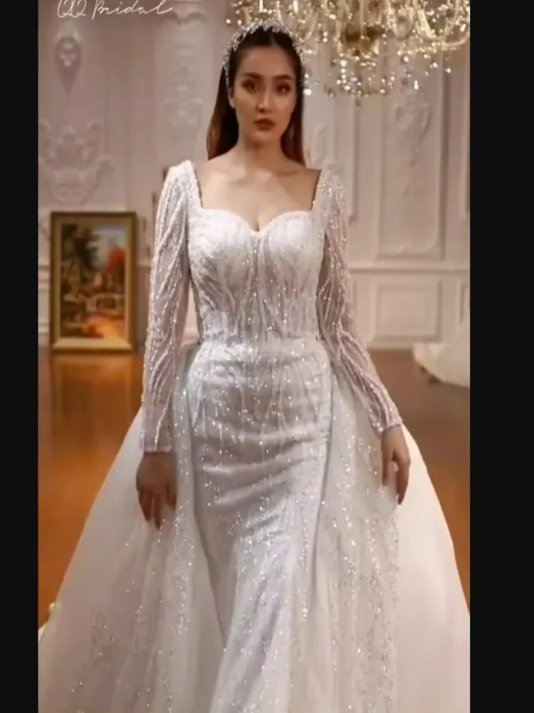 Customized Square Neck Sparkly Heavy Beads Sequins Wedding Dress with Removable Skirt Robe De Marriage Long Sleeves Bridal Gowns