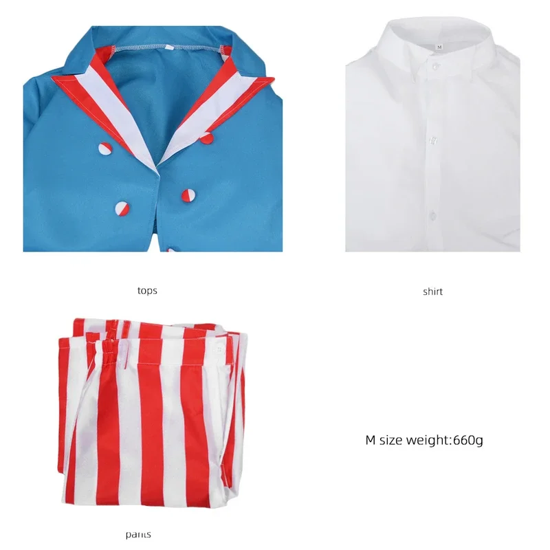 Movie Uncle Sam Cosplay Adult Costume Patriotic Blue Jacket  Red and White Striped Pants Shirt USA  American Suit Halloween