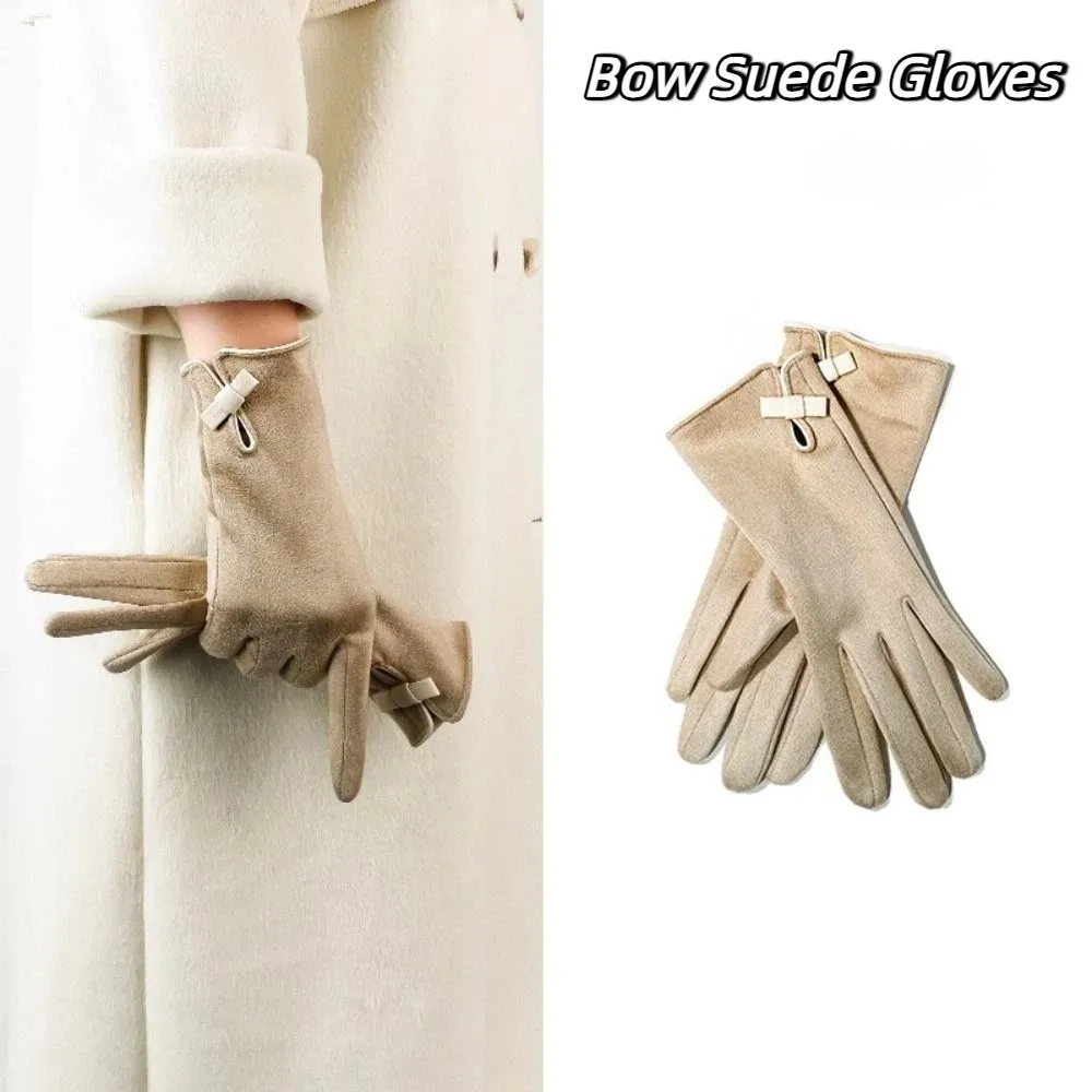 

Skiing Velvet Winter Bow Suede Gloves Soft Bownot Pu Leather Gloves Thick Touch Screen Women Cycling Mittens