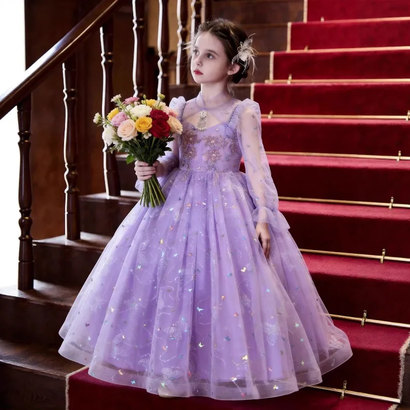 New Autumn-winter Long-sleeved Net-silk Baby Princess Dress Dazzling Sequin Embroidered Bow Tie Girl's Dress Formal Dresses