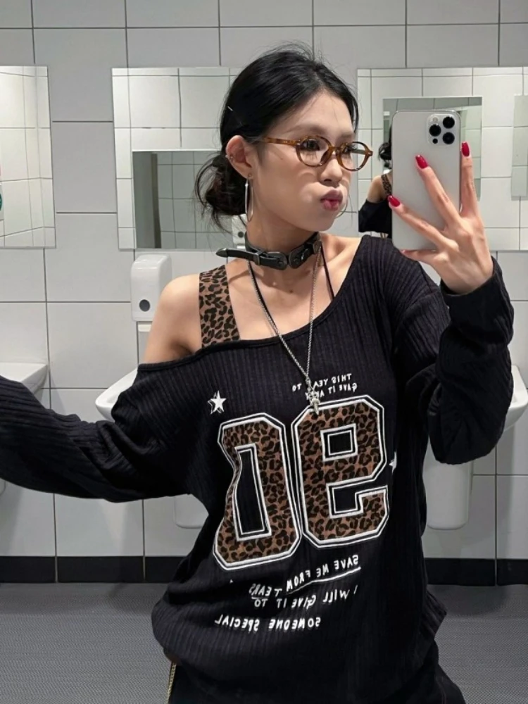 

Autumn Y2k Aesthetic Patchwork Leopard T-shirts Harajuku Skew Collar Letter Print Tops Women Streetwear Grunge Casual Loose Tees