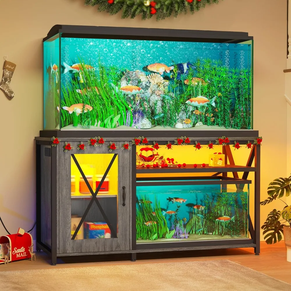 

55-75 Gallon Aquarium Stand with Power Outlets & LED Light, Cabinet for Fish Tank Accessories Storage - Metal Fish Tank Stand