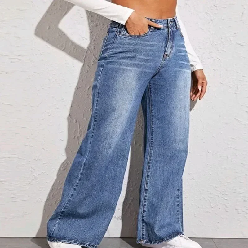 Light blue jeans women spring summer 2024 new retro high-waisted slimming straight mopping pants loose wide legs