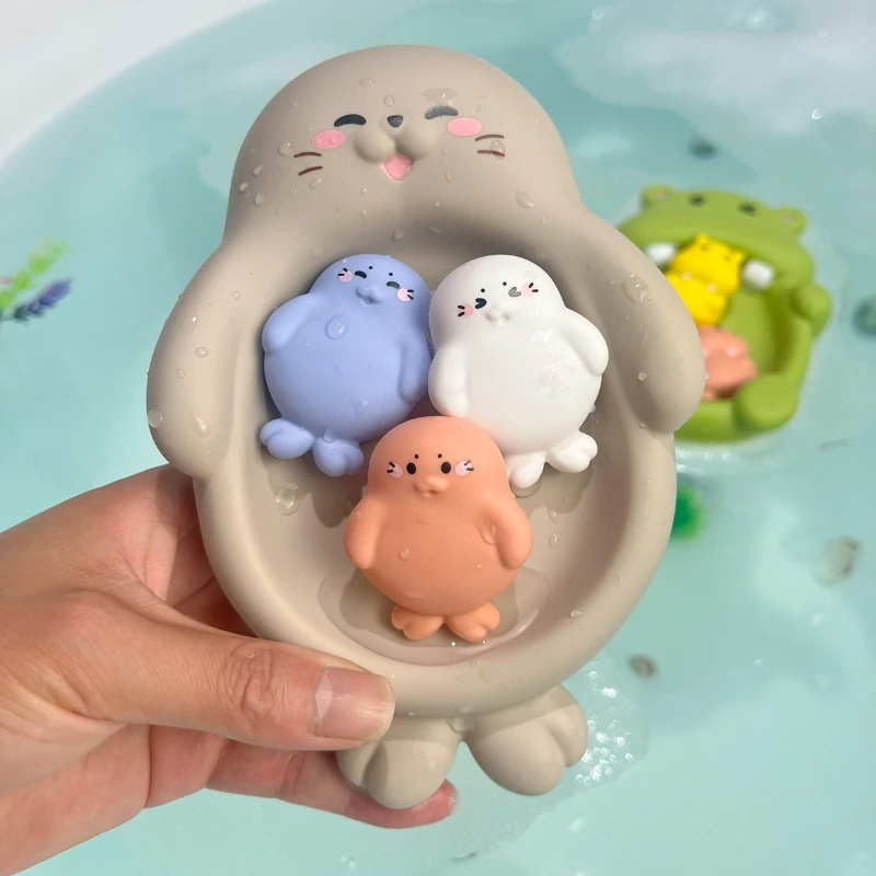 4-Piece Set of Children's Bath Floating Animal Toys Seal and Hippo Seal Floating Bath Toys Baby Bathtub Toys - Perfect Gift