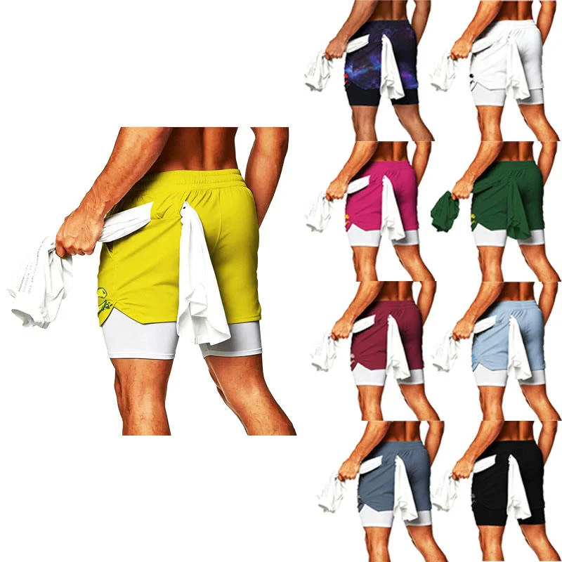 MMA Men Elastic Knitted Mid Workout Shorts Double Pockets Inner Outer Phone Pocket Towel Loop BJJ Muay Thai Training Gym Shorts