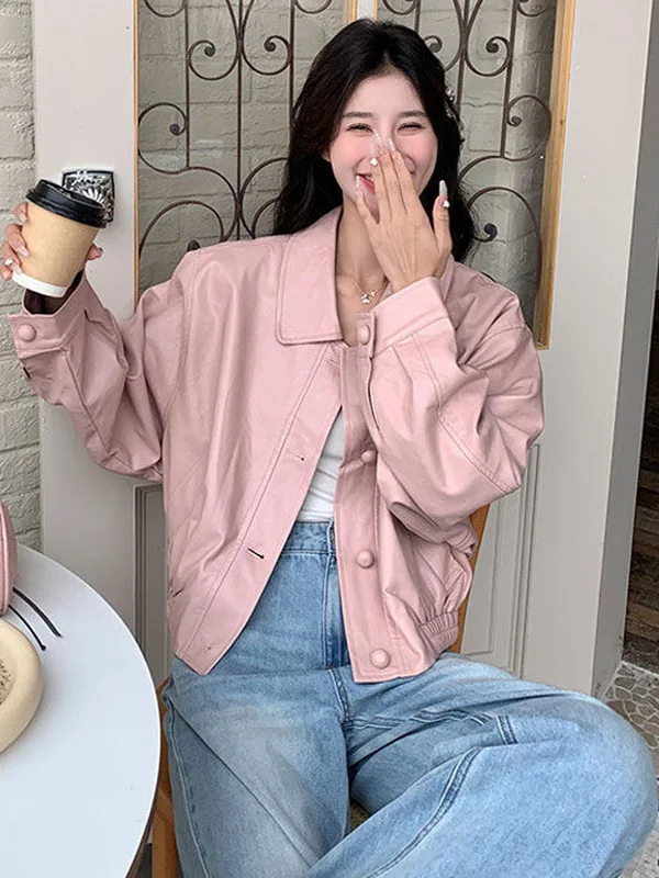 Jaet coreano Sle ort de cuero rosa para mujer, talla pequeña, informal, Batwing Sve, Retro, Biker Jaet, fibra de poliéster, 2025